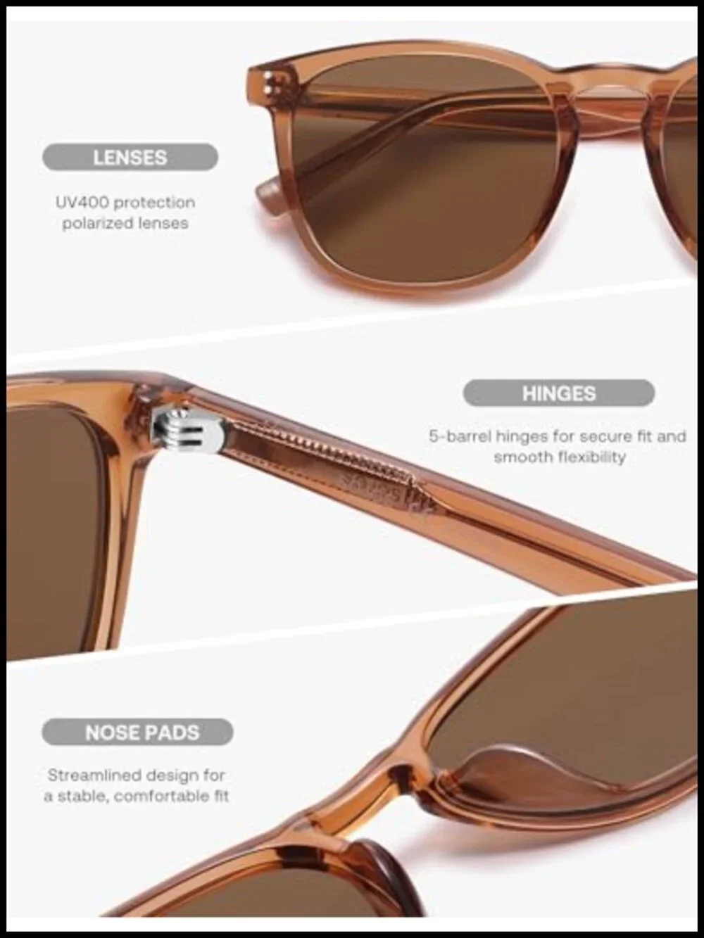 Unisex Rounded Square Polarized Sunglasses TR90 Frame UV400 Lightweight